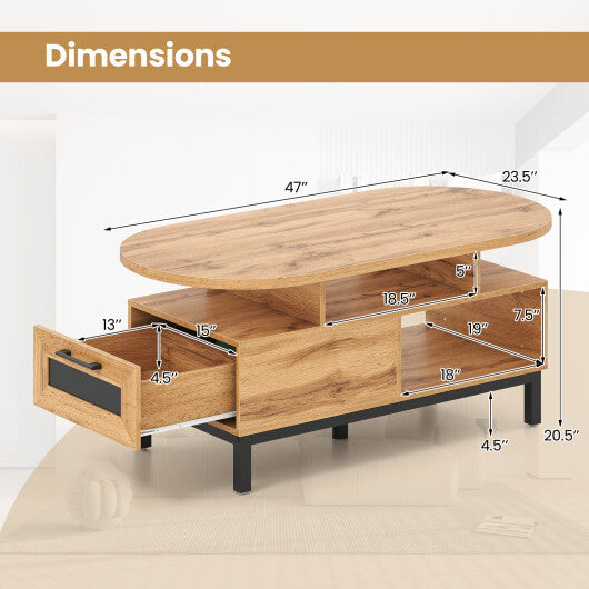 47 Inch Oval Coffee Table with Storage and Open Compartments for Living Room-Rustic Brown W2B