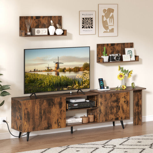 TV Stand for TVs up to 85 Inch with 2 Wall Shelves and Charging Station- Brown W2B