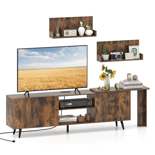 TV Stand for TVs up to 85 Inch with 2 Wall Shelves and Charging Station- Brown W2B