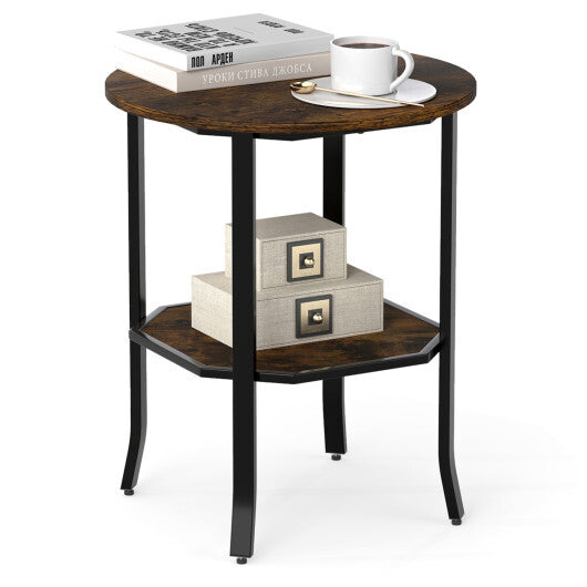 Round Side Table Small End Table with Storage Shelf 2-Tier Nightstand for Small Space-Rustic Brown W2B