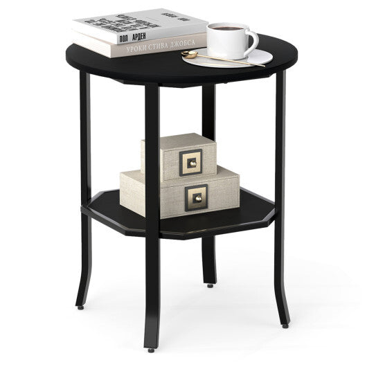 Round Side Table Small End Table with Storage Shelf 2-Tier Nightstand for Small Space-Rustic Brown W2B