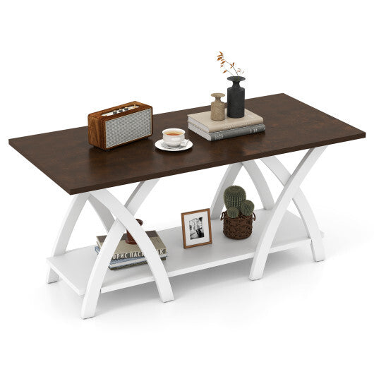40 Inch Farmhouse Wooden 2-Tier Coffee Table with Storage Shelf for Living Room-Walnut W2B