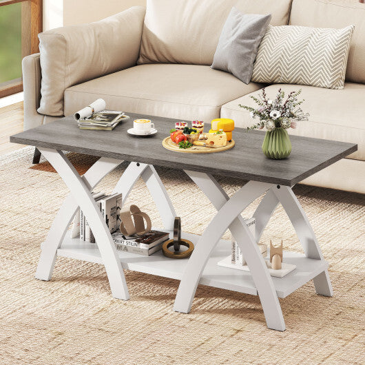 40 Inch Farmhouse Wooden Coffee Table with Storage Shelf with X-shaped Legs-Gray W2B