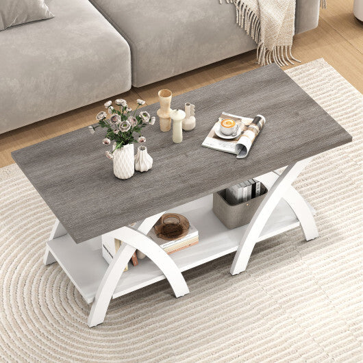 40 Inch Farmhouse Wooden Coffee Table with Storage Shelf with X-shaped Legs-Gray W2B