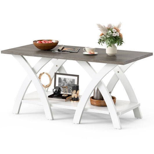 40 Inch Farmhouse Wooden Coffee Table with Storage Shelf with X-shaped Legs-Gray W2B
