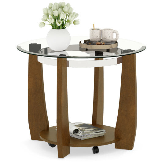 32" 2-Tier Glass Round Coffee Table with Storage Shelf-Walnut W2B