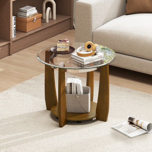 32" 2-Tier Glass Round Coffee Table with Storage Shelf-Walnut W2B
