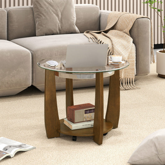 32" 2-Tier Glass Round Coffee Table with Storage Shelf-Walnut W2B
