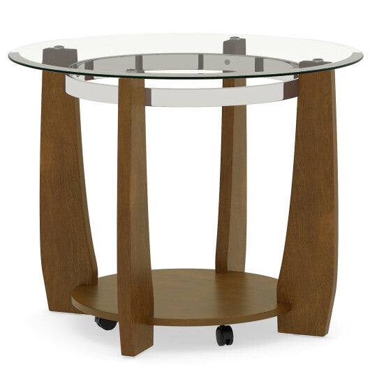 32" 2-Tier Glass Round Coffee Table with Storage Shelf-Walnut W2B