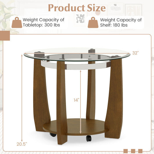 32" 2-Tier Glass Round Coffee Table with Storage Shelf-Walnut W2B