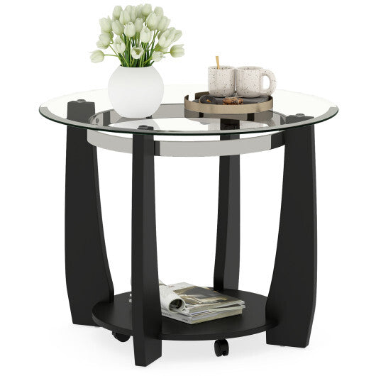 32" 2-Tier Glass Round Coffee Table with Storage Shelf-Walnut W2B