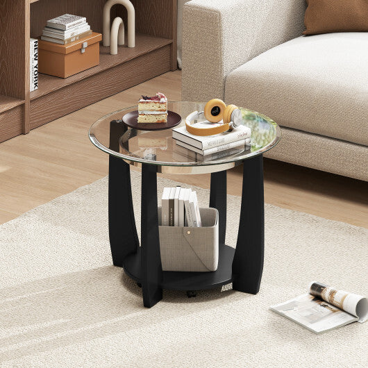 32" 2-Tier Glass Round Coffee Table with Storage Shelf-Walnut W2B