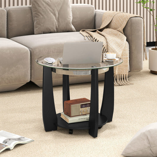 32" 2-Tier Glass Round Coffee Table with Storage Shelf-Walnut W2B