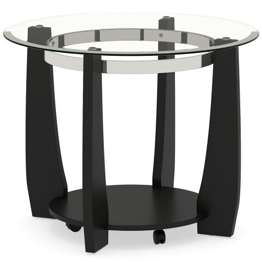 32" 2-Tier Glass Round Coffee Table with Storage Shelf-Walnut W2B