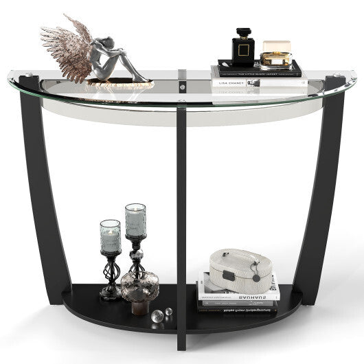 2-tier Tempered Glass Console Table with Clear Glass Top and Open Shelf-Black W2B