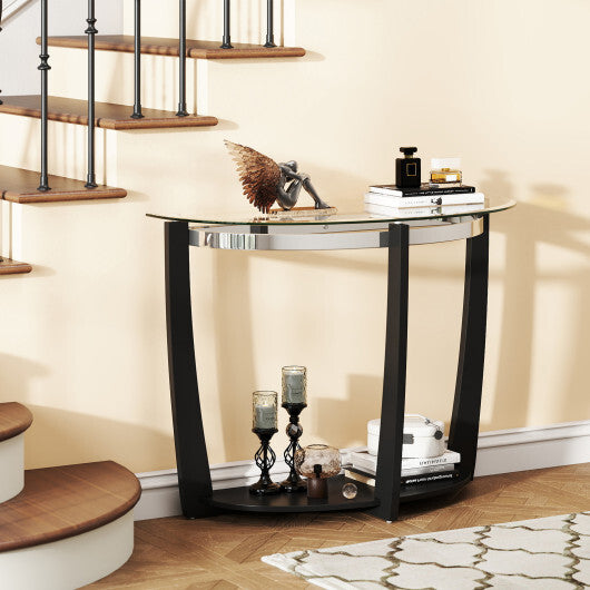 2-tier Tempered Glass Console Table with Clear Glass Top and Open Shelf-Black W2B