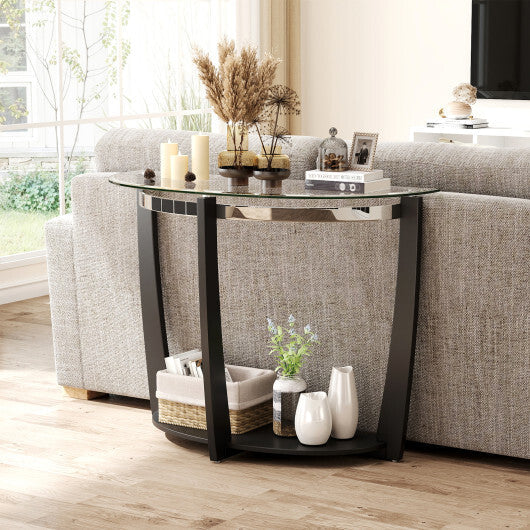2-tier Tempered Glass Console Table with Clear Glass Top and Open Shelf-Black W2B