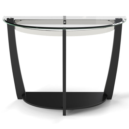 2-tier Tempered Glass Console Table with Clear Glass Top and Open Shelf-Black W2B