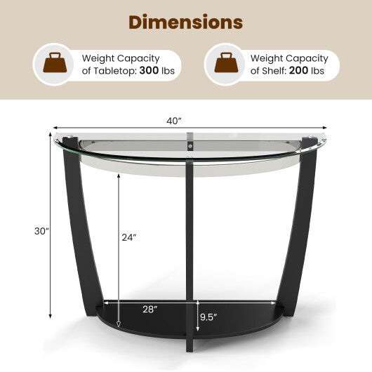 2-tier Tempered Glass Console Table with Clear Glass Top and Open Shelf-Black W2B