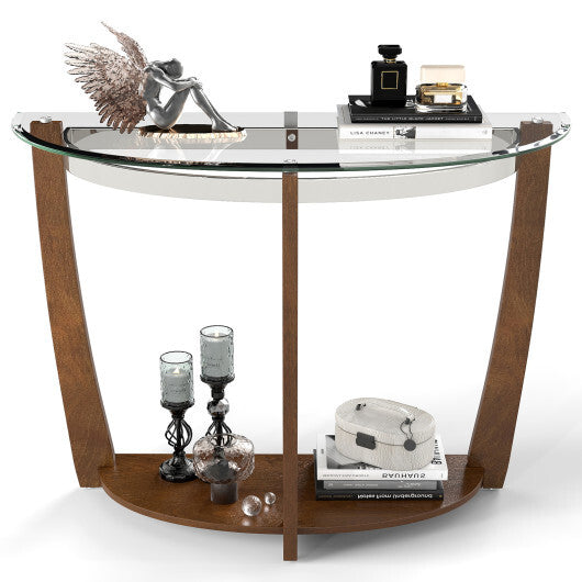 2-tier Tempered Glass Console Table with Clear Glass Top and Open Shelf-Black W2B