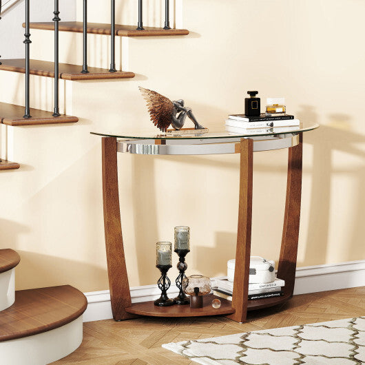 2-tier Tempered Glass Console Table with Clear Glass Top and Open Shelf-Black W2B