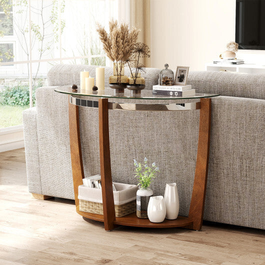 2-tier Tempered Glass Console Table with Clear Glass Top and Open Shelf-Black W2B