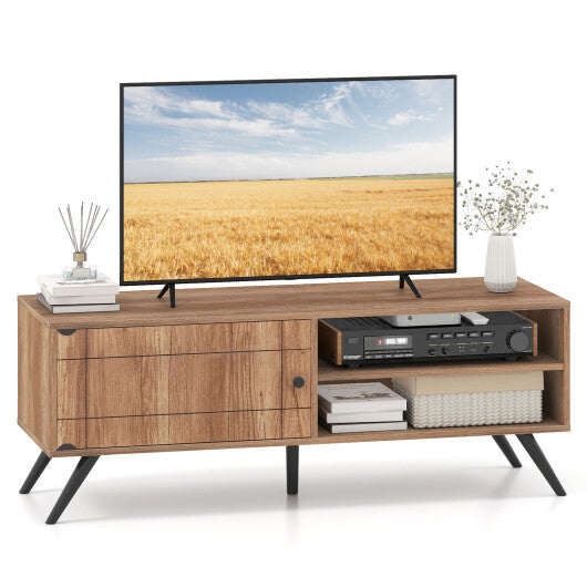 TV Stand for TVs up to 55 Inch Mid Century Modern Entertainment Center with Storage Cabinet-Oak W2B