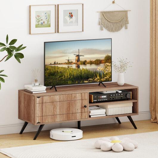 TV Stand for TVs up to 55 Inch Mid Century Modern Entertainment Center with Storage Cabinet-Oak W2B