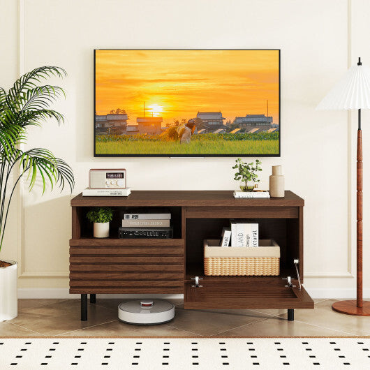 Mid Century Fluted TV Stand for 40 Inch TV Modern Entertainment Center with Open Compartment-Walnut W2B