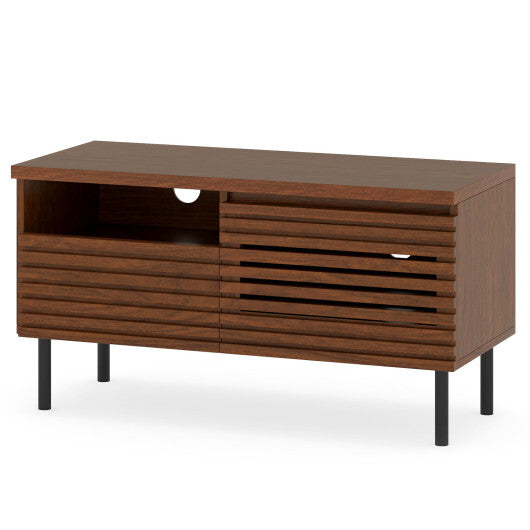 Mid Century Fluted TV Stand for 40 Inch TV Modern Entertainment Center with Open Compartment-Walnut W2B