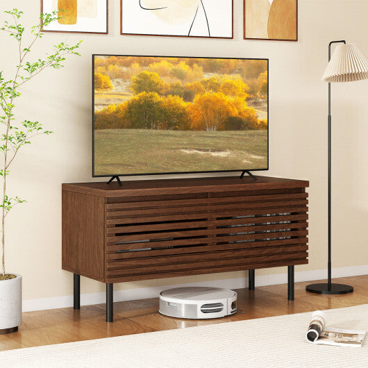 Mid Century Fluted TV Stand for 40" TV with 2 Hidden Compartments and Metal Legs-Walnut W2B