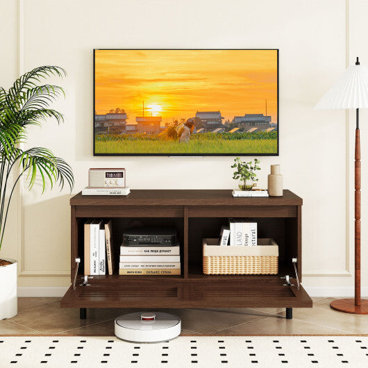 Mid Century Fluted TV Stand for 40" TV with 2 Hidden Compartments and Metal Legs-Walnut W2B