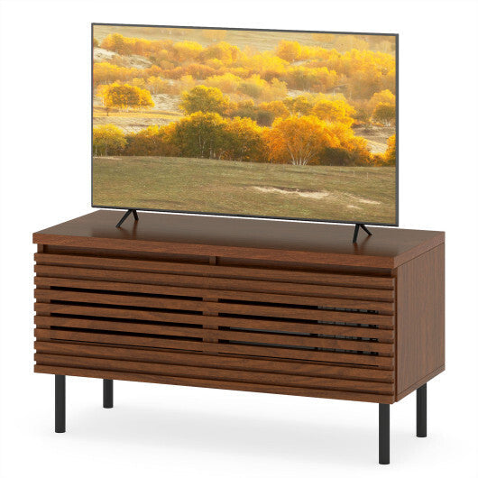 Mid Century Fluted TV Stand for 40" TV with 2 Hidden Compartments and Metal Legs-Walnut W2B