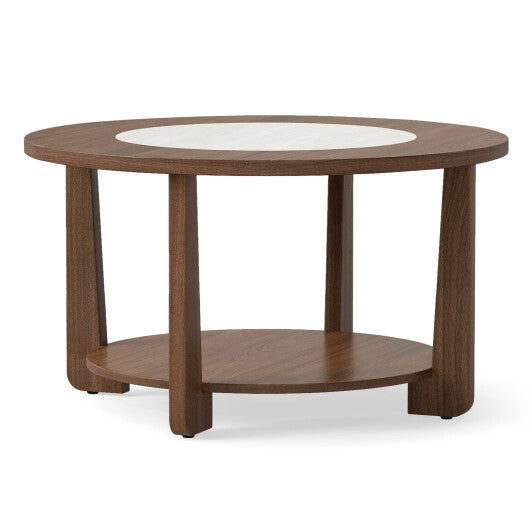 Farmhouse Accent Round Coffee Table with 2-Tone Tabletop and Open Storage Shelf for Living Room-Brown