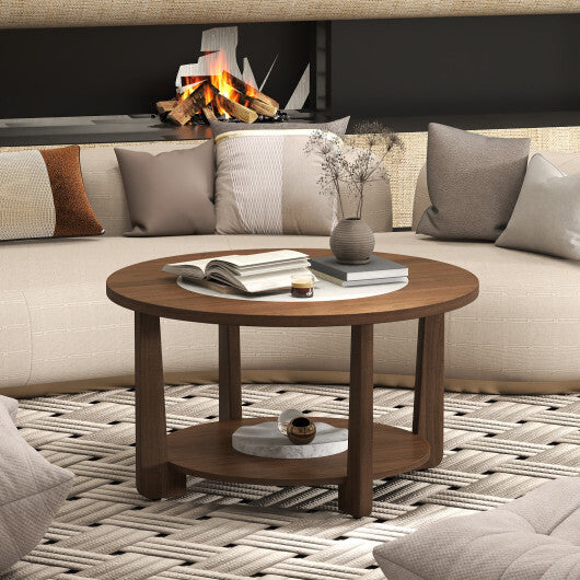 Farmhouse Accent Round Coffee Table with 2-Tone Tabletop and Open Storage Shelf for Living Room-Brown