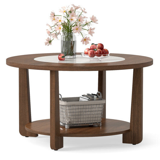 Farmhouse Accent Round Coffee Table with 2-Tone Tabletop and Open Storage Shelf for Living Room-Brown