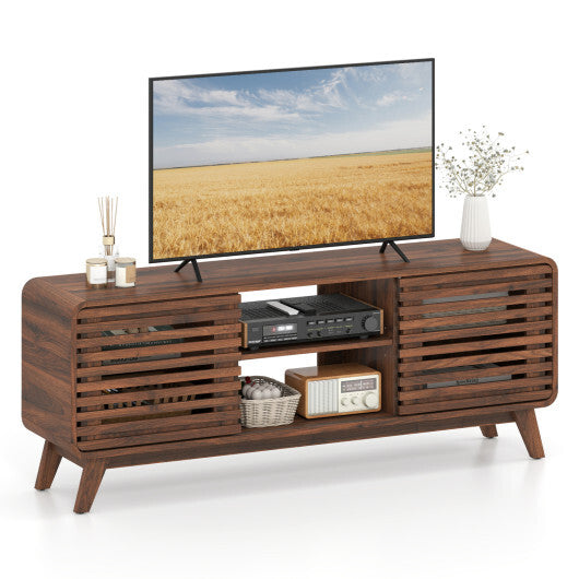 Mid Century Modern Entertainment Center with Grille-style Sliding Doors for Living Room-Walnut W2B