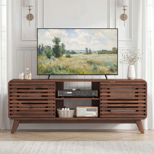 Mid Century Modern Entertainment Center with Grille-style Sliding Doors for Living Room-Walnut W2B