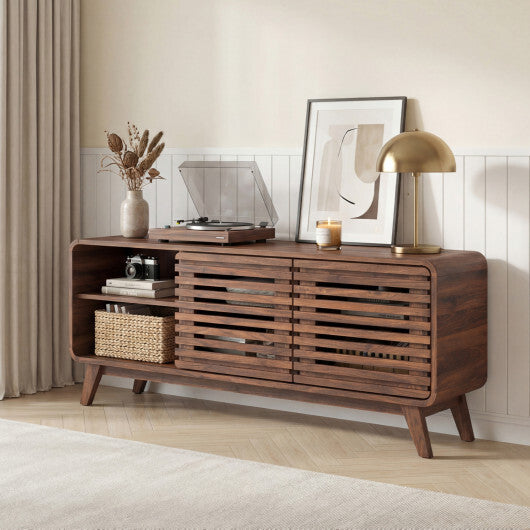 Mid Century Modern Entertainment Center with Grille-style Sliding Doors for Living Room-Walnut W2B