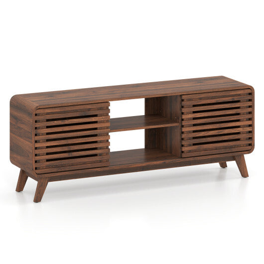 Mid Century Modern Entertainment Center with Grille-style Sliding Doors for Living Room-Walnut W2B