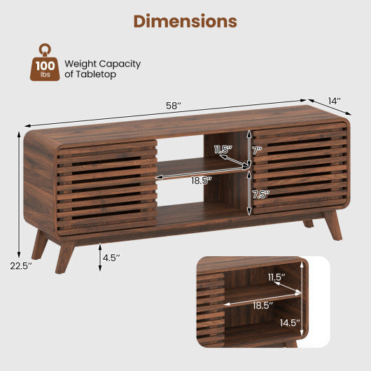 Mid Century Modern Entertainment Center with Grille-style Sliding Doors for Living Room-Walnut W2B