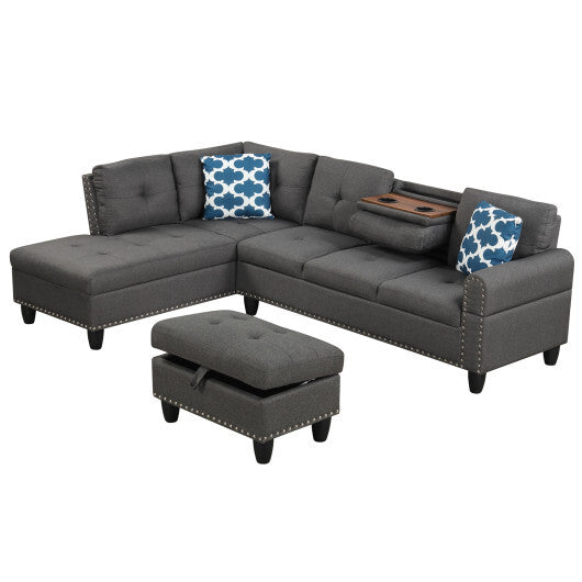98 Inches Sectional Sofa Couch with Movable Storage Ottoman and Linen Fabric Backs-DG W2B
