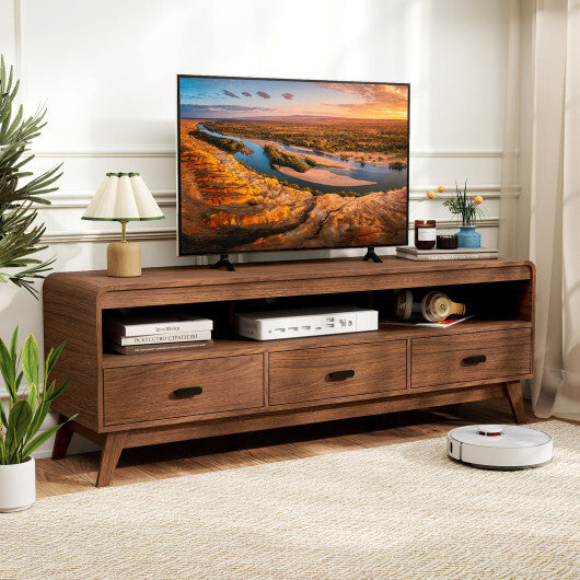 Mid Century Modern TV Stand for TVs up to 70" with 3 Storage Drawers and Open Shelves-Walnut W2B