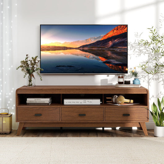 Mid Century Modern TV Stand for TVs up to 70" with 3 Storage Drawers and Open Shelves-Walnut W2B
