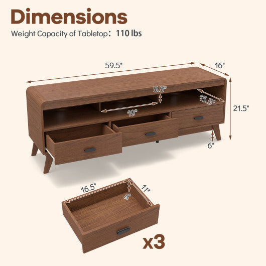 Mid Century Modern TV Stand for TVs up to 70" with 3 Storage Drawers and Open Shelves-Walnut W2B