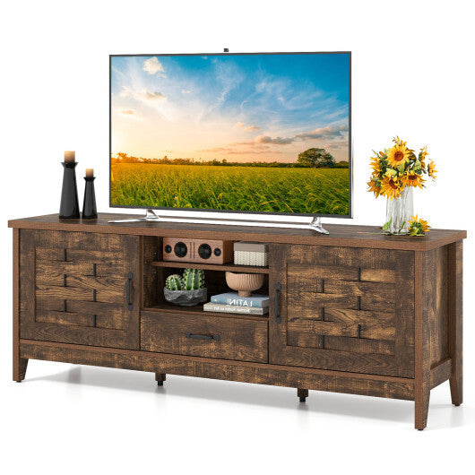 Farmhouse TV Stand for 65 Inch TVs with 2 Woven Accent Doors and 3 Adjustable Shelves-Rustic Brown W2B