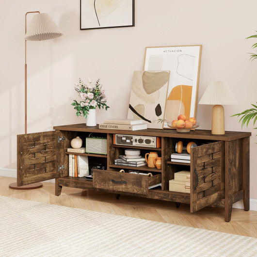 Farmhouse TV Stand for 65 Inch TVs with 2 Woven Accent Doors and 3 Adjustable Shelves-Rustic Brown W2B