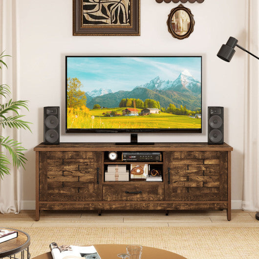 Farmhouse TV Stand for 65 Inch TVs with 2 Woven Accent Doors and 3 Adjustable Shelves-Rustic Brown W2B