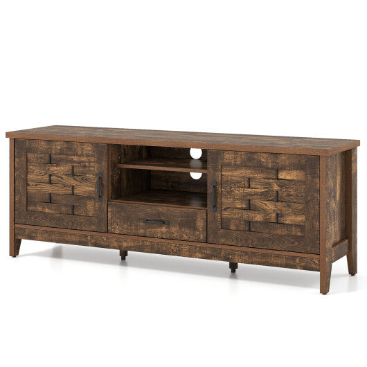 Farmhouse TV Stand for 65 Inch TVs with 2 Woven Accent Doors and 3 Adjustable Shelves-Rustic Brown W2B