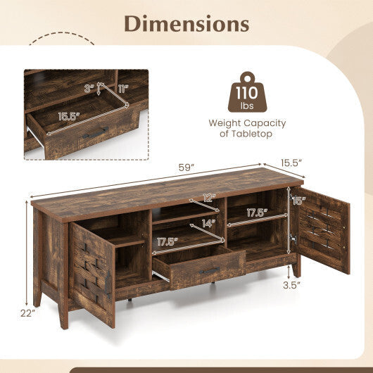 Farmhouse TV Stand for 65 Inch TVs with 2 Woven Accent Doors and 3 Adjustable Shelves-Rustic Brown W2B